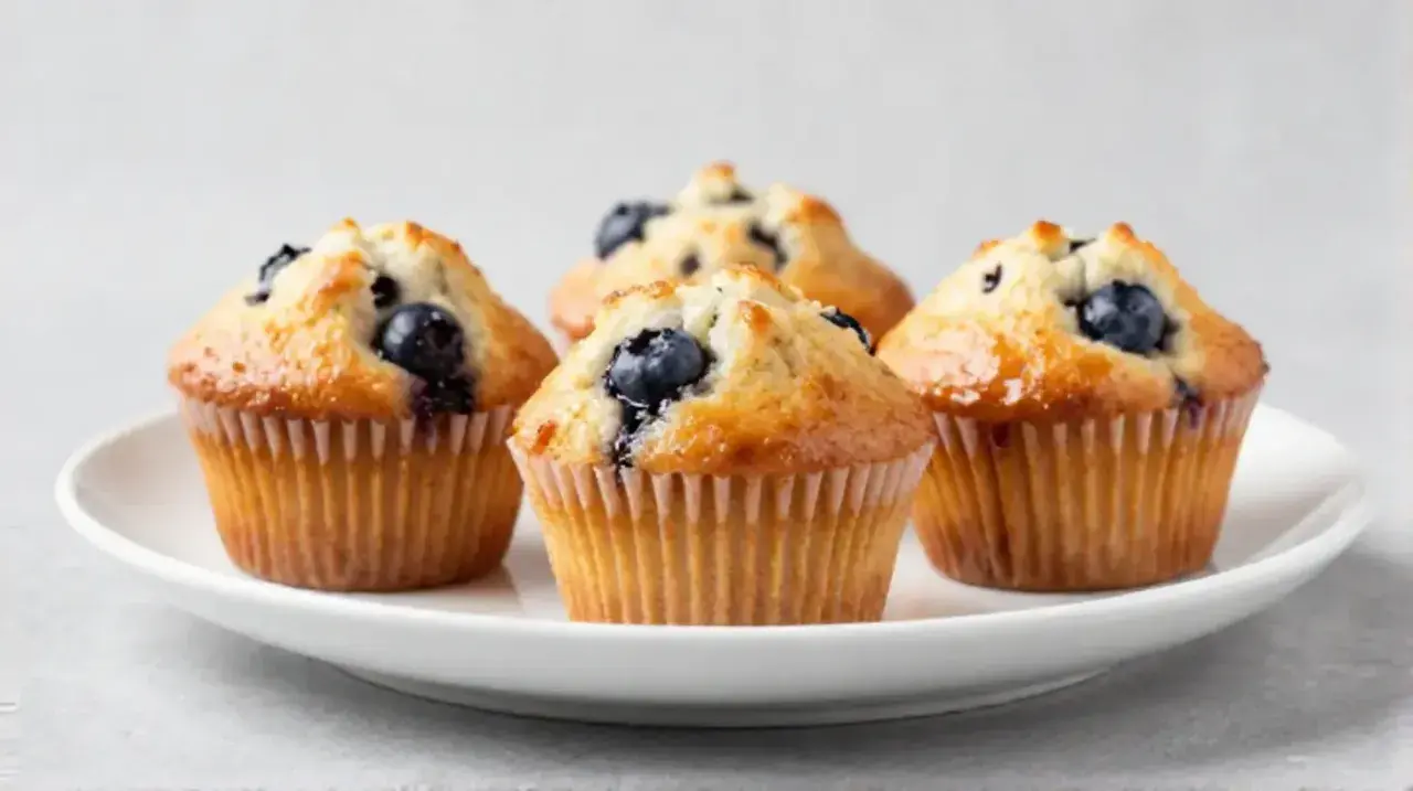 Vier saftige Blaubeermuffins, perfekt gebacken im Philips Airfryer, auf einem weißen Teller.