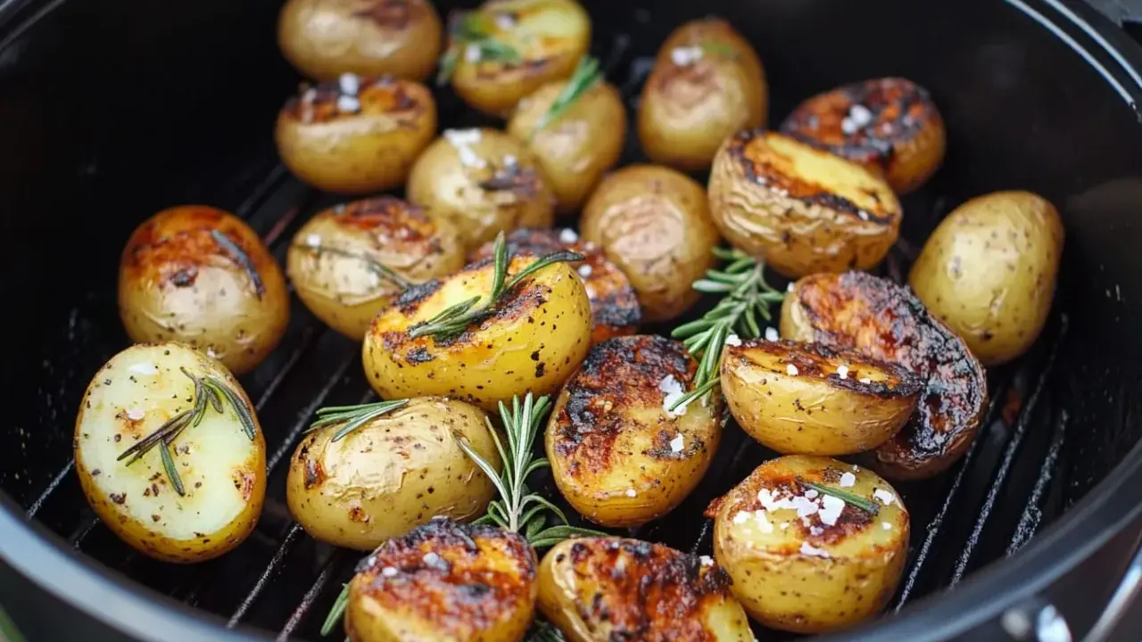 Gegrillte Rosmarinkartoffeln mit grobem Salz und Kräutern auf einem Rost. Perfekt für den Sommer!
