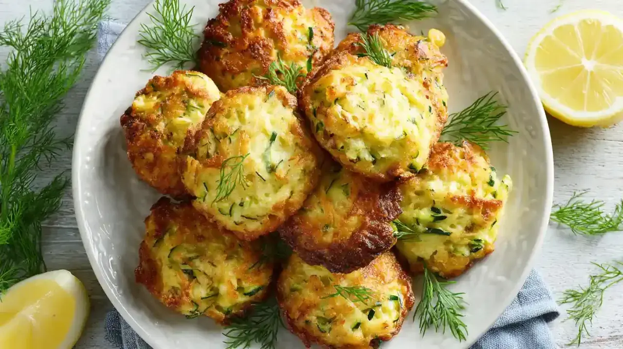 Goldbraune zucchini karotten puffer, garniert mit Dill und Zitrone, duften verführerisch.