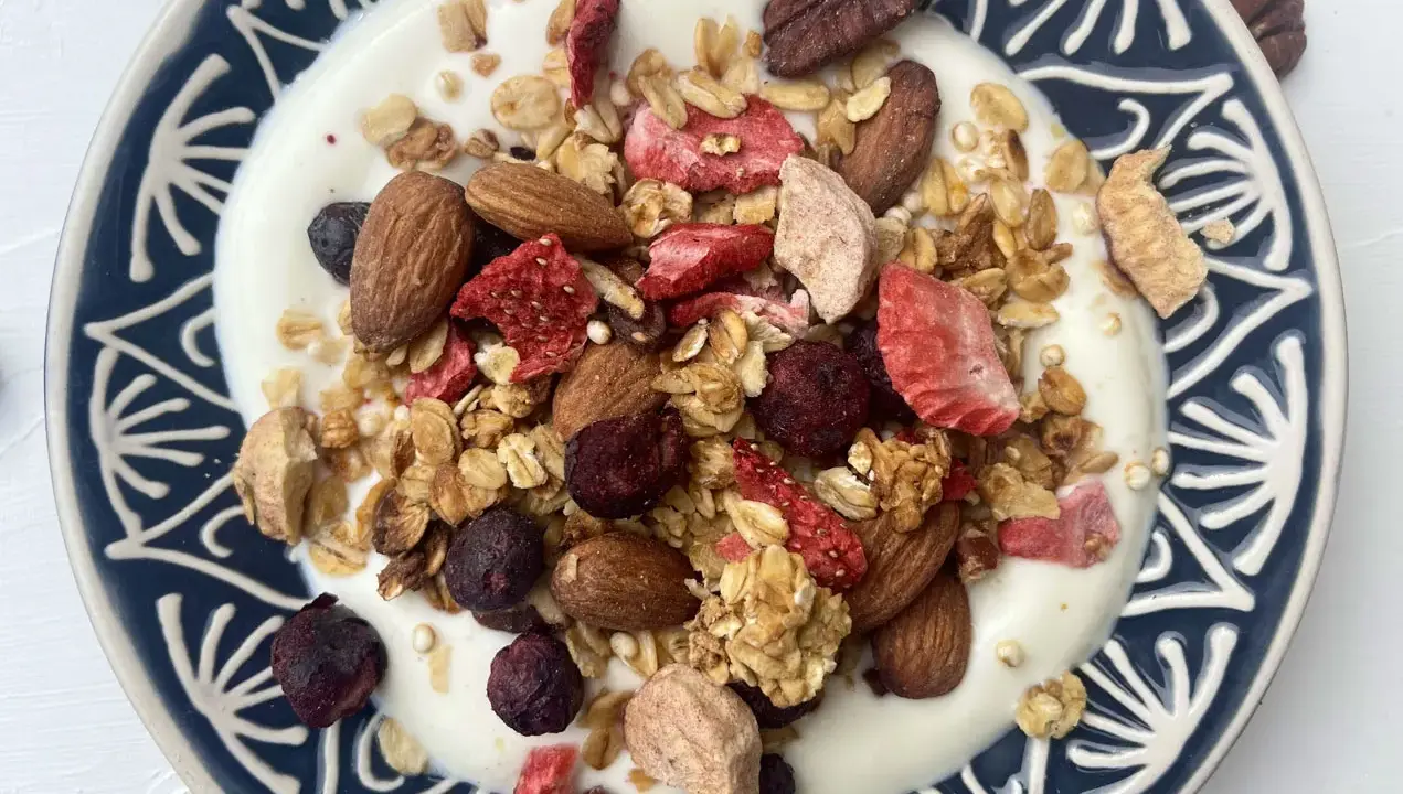 Schüssel mit Joghurt, selbstgemachtem Crunch, Mandeln, gefriergetrockneten Erdbeeren und Blaubeeren.
