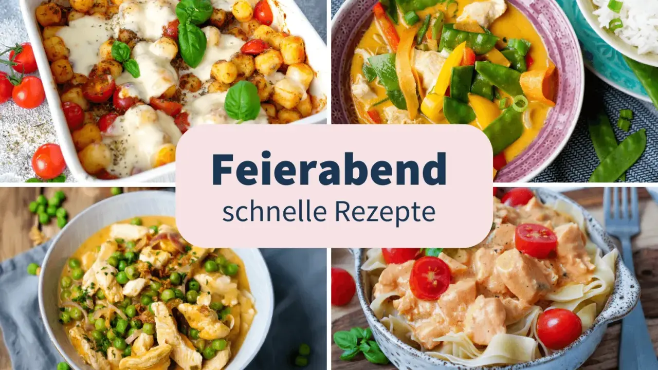 Vier leckere, schnelle Gerichte für den Feierabend: Gnocchi-Auflauf, Hähnchen-Curry, Hähnchen mit Erbsen und Pasta mit cremiger Sauce.
