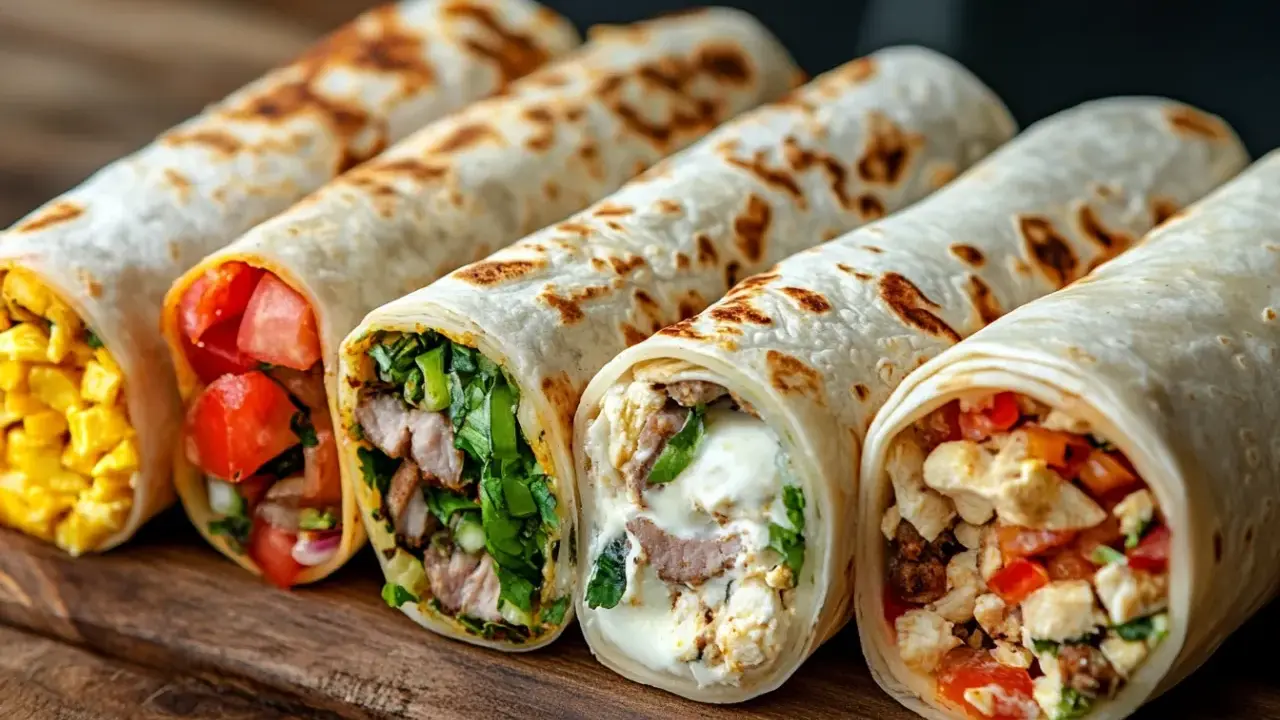Fünf bunte Wraps, die Lust aufs Wraps selber machen machen: gefüllt mit Hähnchen, Gemüse und Käse.