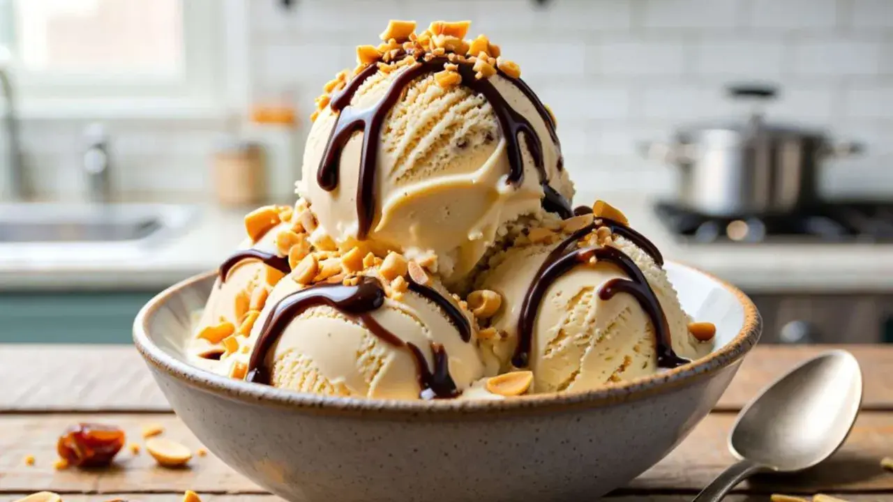 Schokoladiges Snickers Eis selber machen: Cremiges Eis mit Schokosauce und Erdnüssen in einer Schüssel.