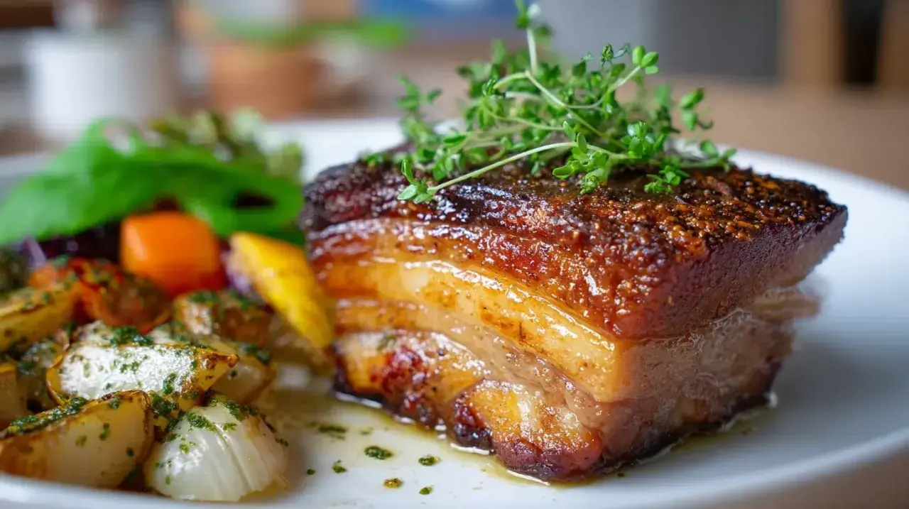 Knusprig gebratenes Bauchfleisch mit Kräutern garniert, serviert mit geröstetem Gemüse.