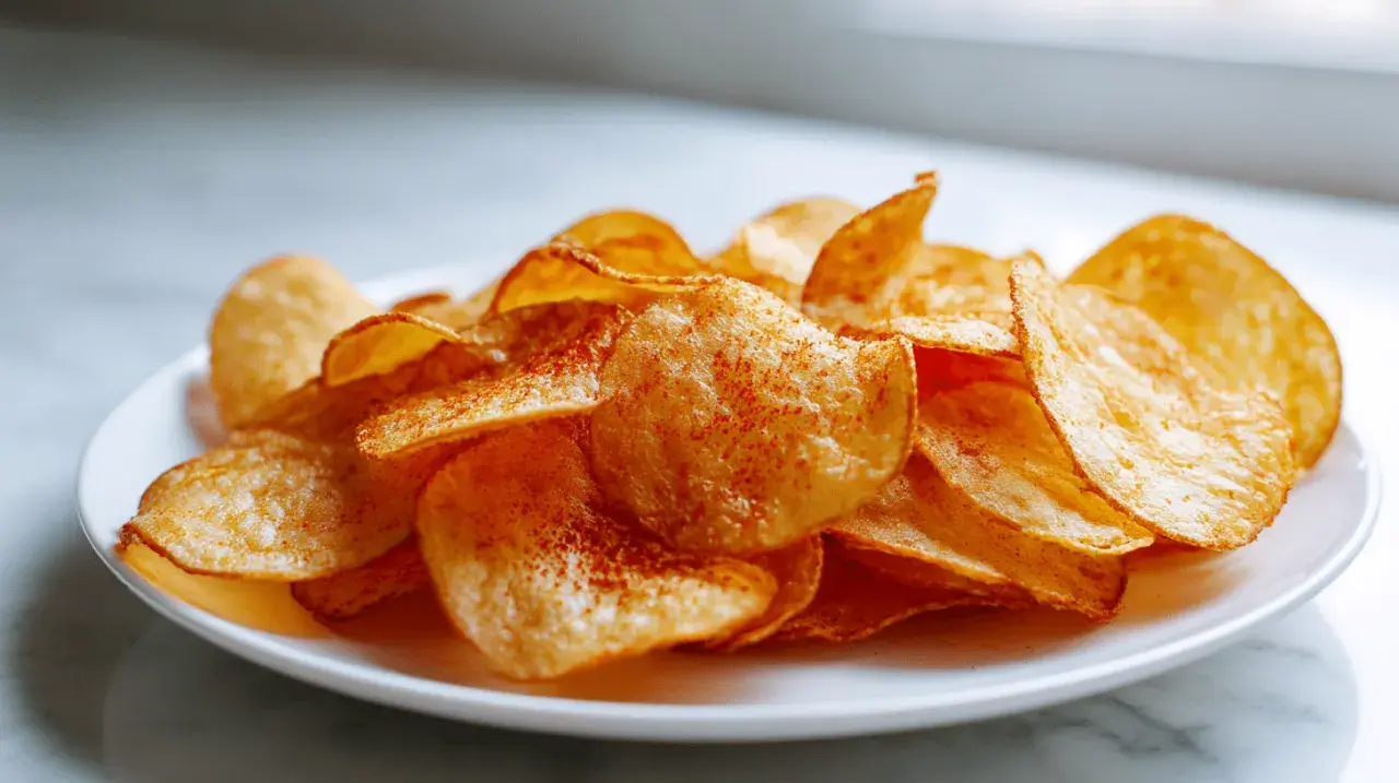 Knusprige Kartoffelchips, gewürzt mit Paprikapulver, frisch aus dem Airfryer auf einem Teller.