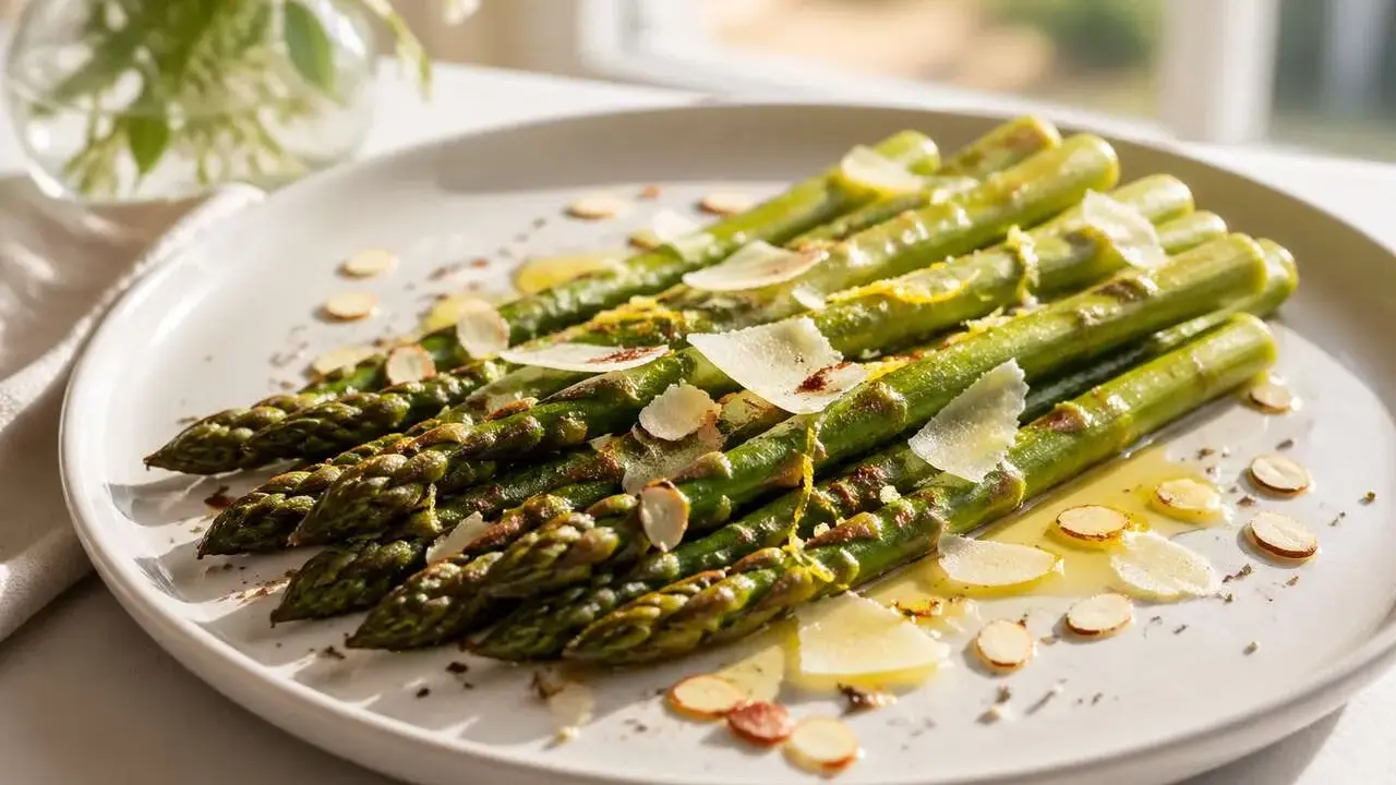 Gebratener Spargel mit Parmesan und Mandelsplittern auf einem Teller, garniert mit Zitronenschale.