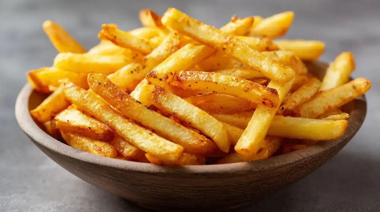 Knusprige Pommes aus dem Airfryer in einer Holzschale, perfekt gewürzt und goldbraun gebacken.