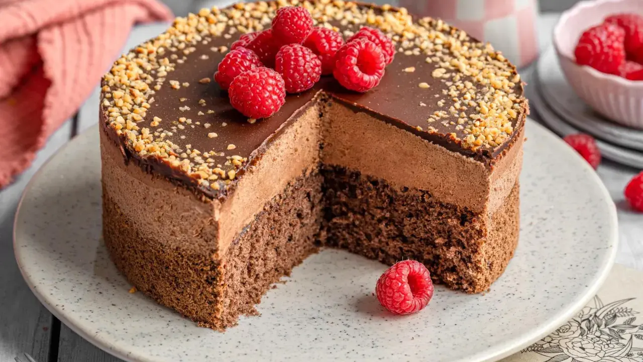 Eine köstliche Mousse au Chocolat Torte mit frischen Himbeeren und gehackten Nüssen, ein Traum für jeden Schokoladenliebhaber.