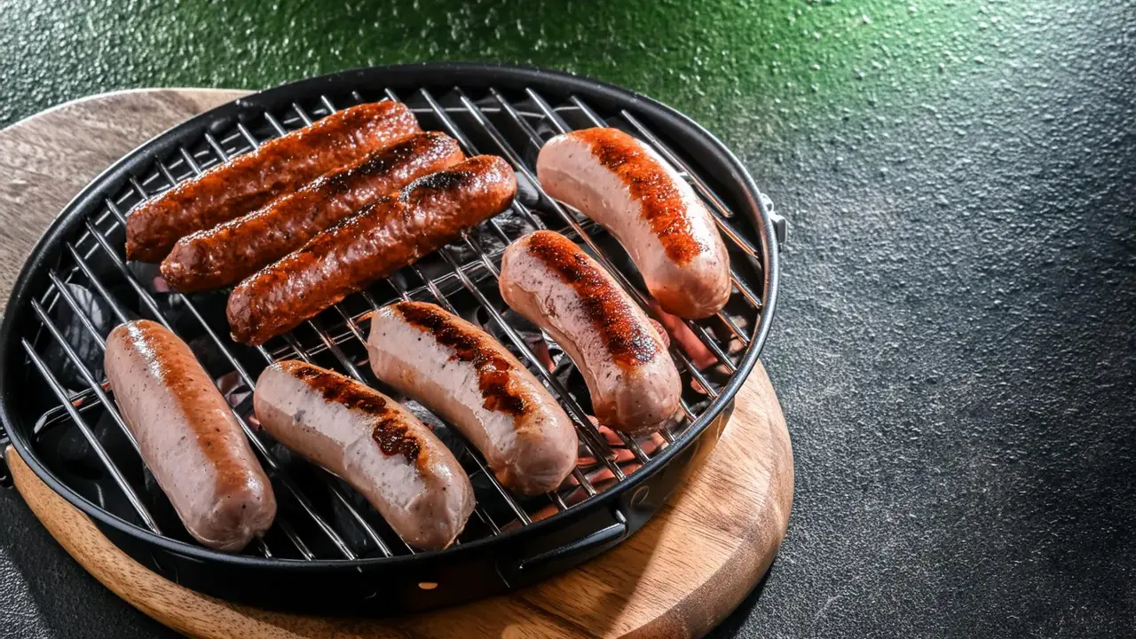 Saftige Bratwürste brutzeln auf einem Grill. Perfekt für leckere Bratwurst Rezepte, die jeden Gaumen erfreuen.