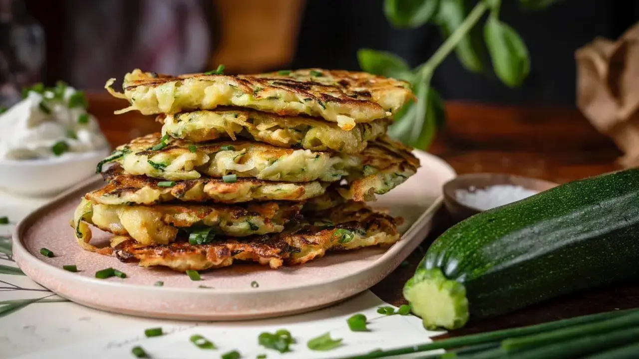 Stapel goldbrauner Zucchinipuffer, garniert mit Schnittlauch. Perfekt für leichte Zucchini Rezepte.