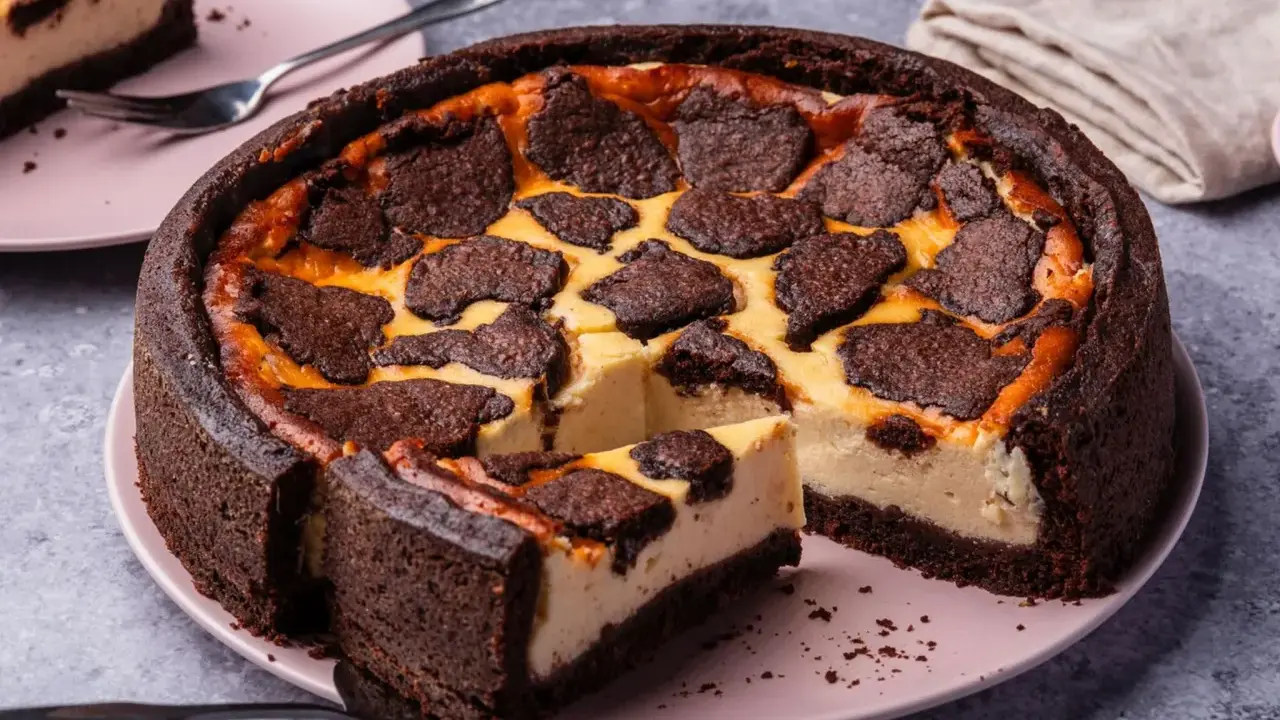 Ein saftiger russischer Zupfkuchen mit dunklem Schokoladenboden und cremiger Käsemasse, belegt mit zupfartigen Schokoladenstückchen.