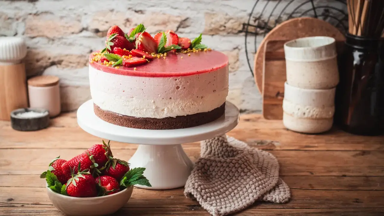 Eine köstliche Erdbeer Joghurt Torte, dekoriert mit frischen Erdbeeren und Minze, steht auf einem weißen Tortenständer.