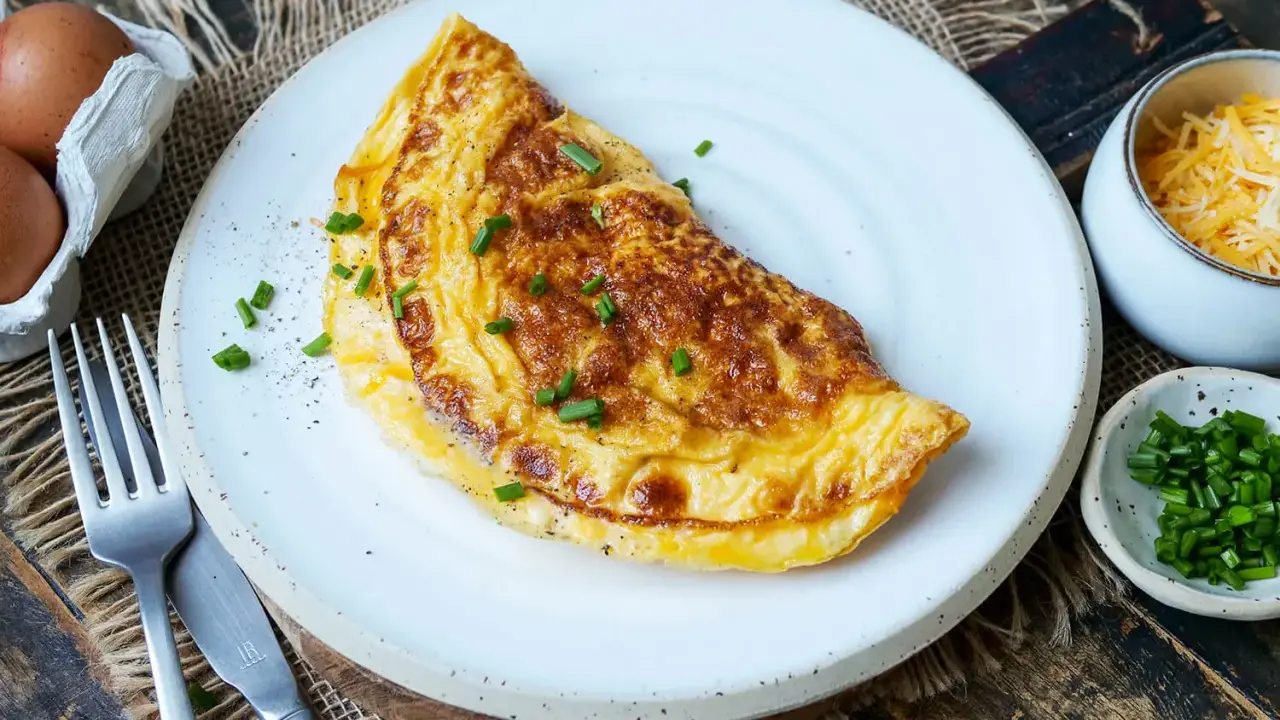 Goldbraunes Omelett auf weißem Teller, garniert mit Schnittlauch. Daneben Schüssel mit geriebenem Käse und gehacktem Schnittlauch. Perfekt für ein schnelles Omelette Rezept.