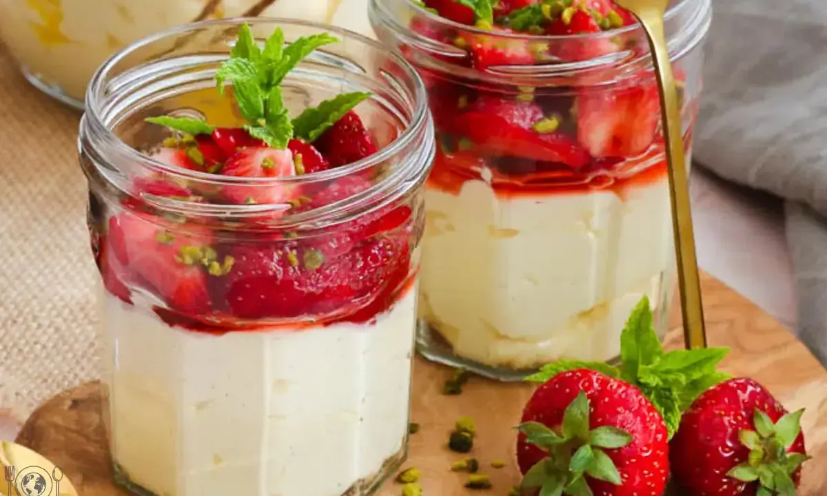 Zwei Gläser mit Erdbeer-Mascarpone-Creme, garniert mit frischen Erdbeeren, Minze und Pistazien.