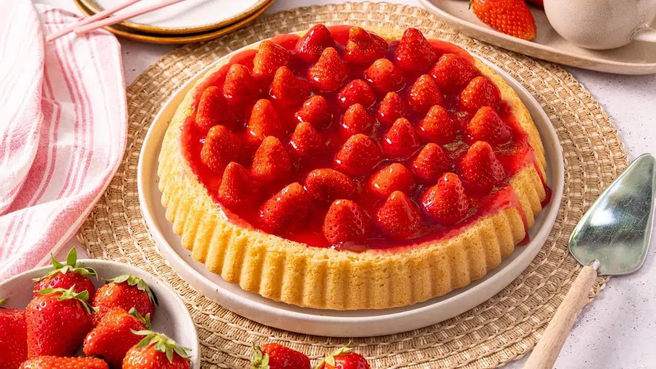 Ein köstlicher Obstboden mit frischen Erdbeeren und glänzender Gelee-Schicht. Perfekt für jedes Obstboden Rezept.