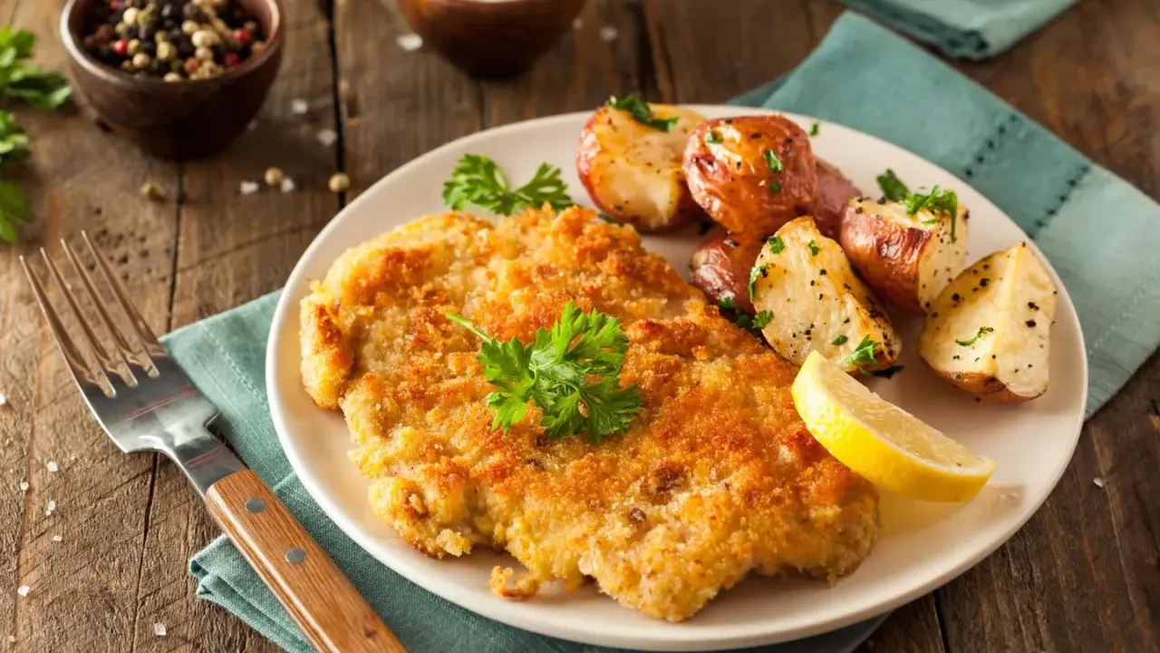 Goldbraunes Schnitzel, perfekt paniert, mit Rosmarinkartoffeln und Zitrone auf einem Teller.