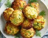 Goldbraune zucchini karotten puffer, garniert mit Dill und Zitrone, duften verführerisch.