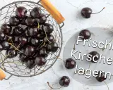 Ein Korb voller frischer Kirschen, die zum Lagern bereit sind. Was sind Kirschen? Kleine, runde, dunkelrote Früchte, perfekt für den Sommer.