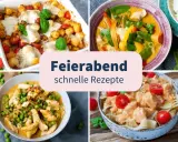 Vier leckere, schnelle Gerichte für den Feierabend: Gnocchi-Auflauf, Hähnchen-Curry, Hähnchen mit Erbsen und Pasta mit cremiger Sauce.