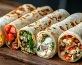 Fünf bunte Wraps, die Lust aufs Wraps selber machen machen: gefüllt mit Hähnchen, Gemüse und Käse.