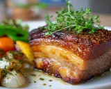Knusprig gebratenes Bauchfleisch mit Kräutern garniert, serviert mit geröstetem Gemüse.