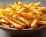Knusprige Pommes aus dem Airfryer in einer Holzschale, perfekt gewürzt und goldbraun gebacken.