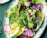 Frischer Blattsalat mit Radieschen und essbaren Blüten, eine köstliche salat beilage.