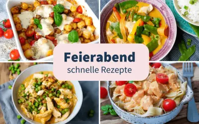 Vier leckere, schnelle Gerichte für den Feierabend: Gnocchi-Auflauf, Hähnchen-Curry, Hähnchen mit Erbsen und Pasta mit cremiger Sauce.