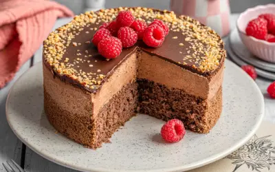 Eine köstliche Mousse au Chocolat Torte mit frischen Himbeeren und gehackten Nüssen, ein Traum für jeden Schokoladenliebhaber.