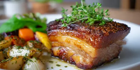 Knusprig gebratenes Bauchfleisch mit Kräutern garniert, serviert mit geröstetem Gemüse.