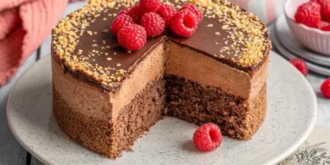 Eine köstliche Mousse au Chocolat Torte mit frischen Himbeeren und gehackten Nüssen, ein Traum für jeden Schokoladenliebhaber.