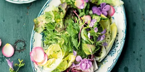 Frischer Blattsalat mit Radieschen und essbaren Blüten, eine köstliche salat beilage.