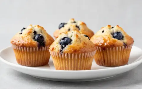 Vier saftige Blaubeermuffins, perfekt gebacken im Philips Airfryer, auf einem weißen Teller.