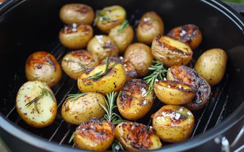 Gegrillte Rosmarinkartoffeln mit grobem Salz und Kräutern auf einem Rost. Perfekt für den Sommer!