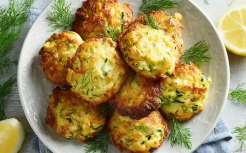 Goldbraune zucchini karotten puffer, garniert mit Dill und Zitrone, duften verführerisch.