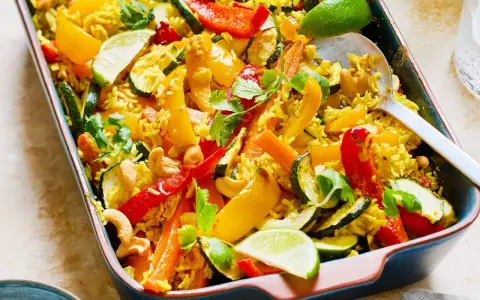 Buntes Gericht mit Reis, Paprika, Zucchini, Karotten und Cashewkernen, garniert mit Koriander und Limettenspalten. Ein köstliches Gericht mit Reis für jeden Anlass.