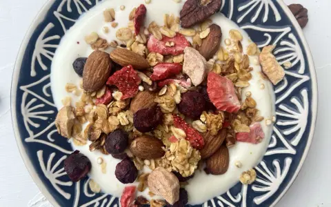 Schüssel mit Joghurt, selbstgemachtem Crunch, Mandeln, gefriergetrockneten Erdbeeren und Blaubeeren.