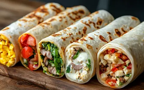 Fünf bunte Wraps, die Lust aufs Wraps selber machen machen: gefüllt mit Hähnchen, Gemüse und Käse.