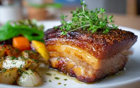 Knusprig gebratenes Bauchfleisch mit Kräutern garniert, serviert mit geröstetem Gemüse.