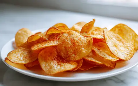 Knusprige Kartoffelchips, gewürzt mit Paprikapulver, frisch aus dem Airfryer auf einem Teller.