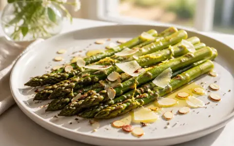Gebratener Spargel mit Parmesan und Mandelsplittern auf einem Teller, garniert mit Zitronenschale.