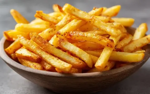 Knusprige Pommes aus dem Airfryer in einer Holzschale, perfekt gewürzt und goldbraun gebacken.