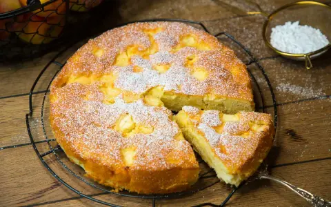 Omas weltbester Apfelkuchen, frisch gebacken und mit Puderzucker bestäubt, wartet auf seine Genießer. Ein Stück ist bereits herausgeschnitten.