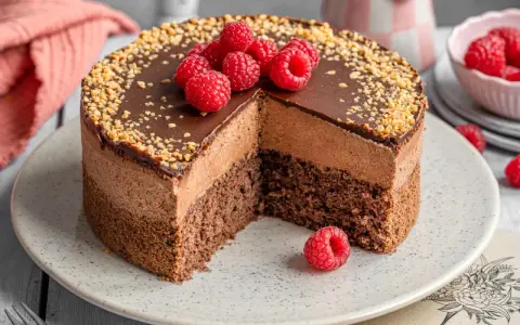 Eine köstliche Mousse au Chocolat Torte mit frischen Himbeeren und gehackten Nüssen, ein Traum für jeden Schokoladenliebhaber.