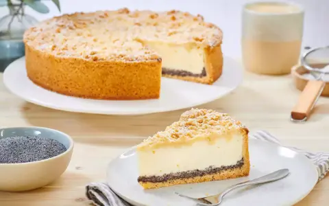 Ein köstlicher Mohn Schmand Kuchen mit Streuseln und Puderzucker. Daneben eine Schale Mohn und eine Tasse Kaffee.