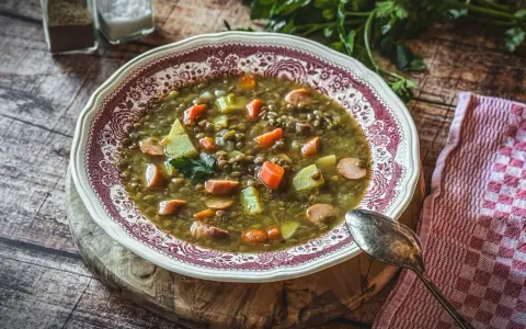 Herzhafte Linsensuppe mit Würstchen und Gemüse, ein Klassiker unter den Linsen Rezepten, serviert in einer schönen Schüssel.