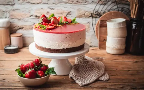Eine köstliche Erdbeer Joghurt Torte, dekoriert mit frischen Erdbeeren und Minze, steht auf einem weißen Tortenständer.