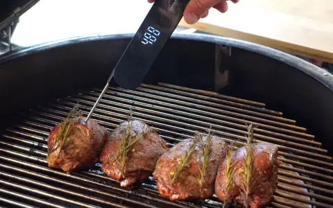 Vier Hirschsteaks mit Rosmarin auf dem Grill, ein Thermometer zeigt 48°C an. So gelingt das Hirschsteak richtig braten.