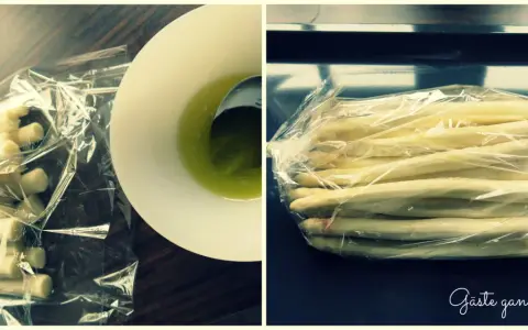 Frischer weißer Spargel im Bratschlauch, bereit für die Zubereitung.