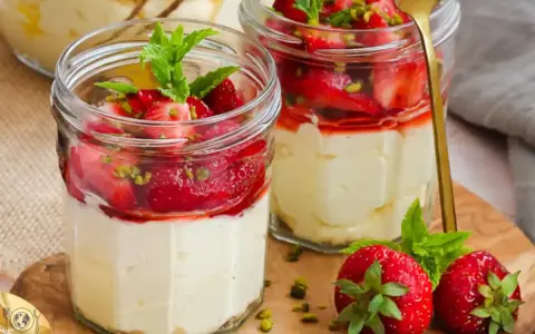 Zwei Gläser mit Erdbeer-Mascarpone-Creme, garniert mit frischen Erdbeeren, Minze und Pistazien.